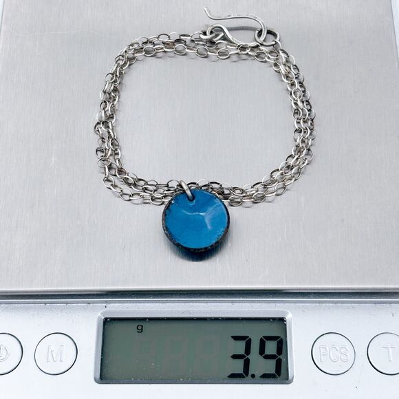 Vintage Silver-Tone Chain Necklace with Blue Enamel Pendant 18.75" - Picture 2 of 4